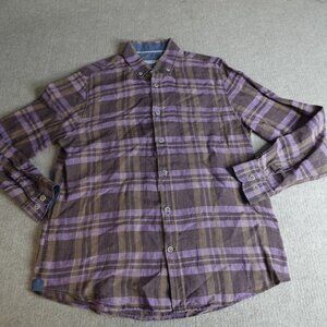 32 Bar Blues Shirt Large Brown Pink Plaid 100% Linen Button Down